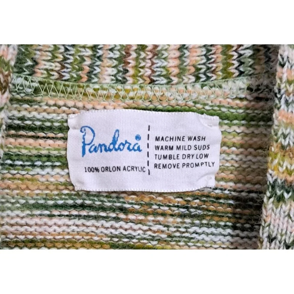 Vintage 70s Pandora Green & Cream Knit Open Front Cardigan Sweater With Belt - Picture 3 of 8